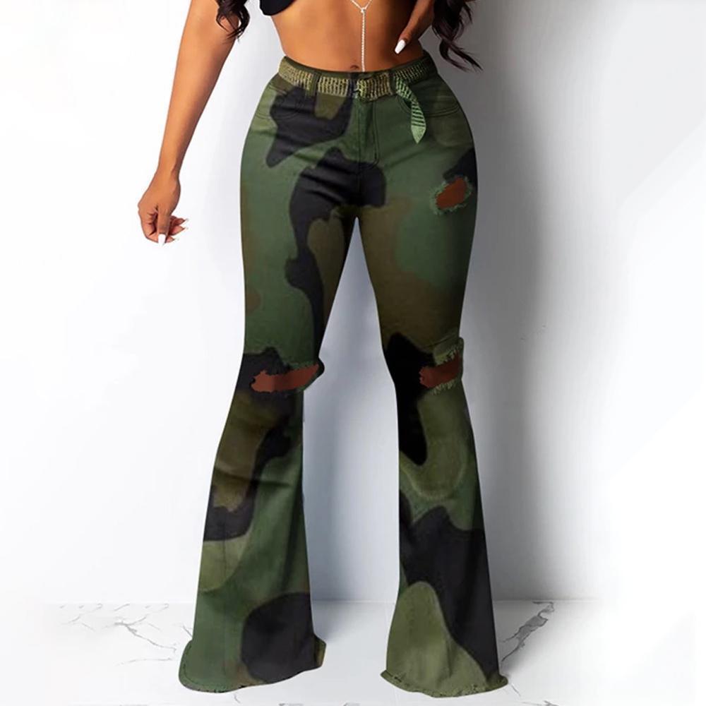 Camouflage Print Hole Flared Pants